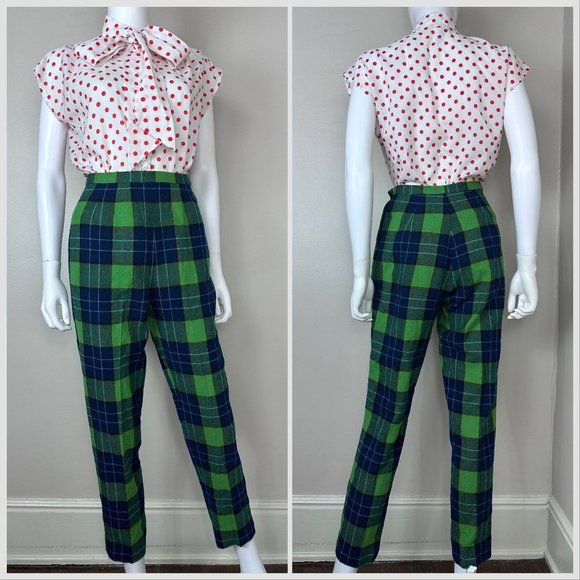 Vintage 1960s Green and Blue Plaid Wool Pants, Pendleton Size XS, 24"x27.75" - Picture 2 of 4